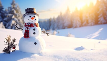 Obraz premium A cheerful snowman stands in a snowy landscape, basking in the warm glow of the sunset