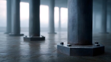 Obraz premium Strong weathered steel columns with visible bolts stand on a wet reflective floor in a misty industrial atmosphere