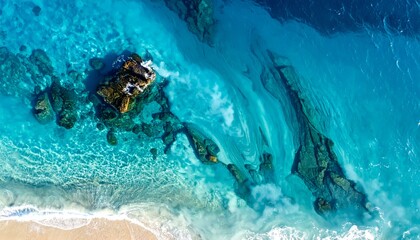 Aerial view of vibrant blue ocean waters with rocky formations and sandy beach coastline