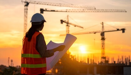 A construction worker reviews blueprints against a sunset backdrop with cranes in the distance