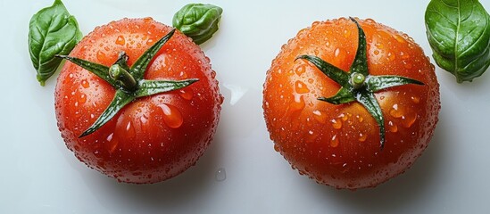 Two fresh, ripe red tomatoes covered in water droplets with green basil leaves