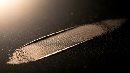 A macro shot of a single brushstroke of shimmering golden or bronze powder on a dark reflective surface
