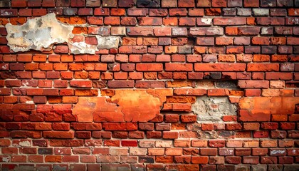 A textured red brick wall showing signs of wear, with areas of missing paint and peeling patches