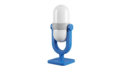 3D rendering of a retro-style microphone with a white capsule and blue stand