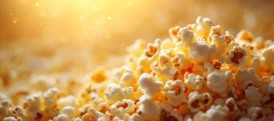 Close-up of fluffy, golden popcorn pile against a warm, sparkling light background