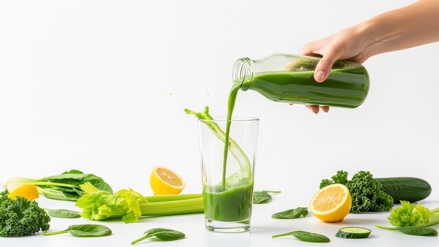Fresh green juice being poured into a glass with healthy ingredients