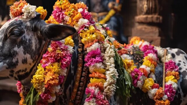 A beautifully adorned domestic bovine is captured in a close-up shot, its distinct patterned coat prominently displayed. The animal is meticulously decorated with multiple, vibrant garlands crafted fr