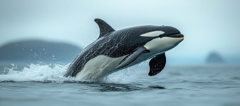 Majestic killer whale breaches from calm blue ocean, creating a dynamic water splash