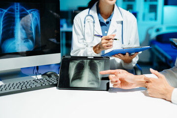 Professional doctor examining patient with stethoscope in modern clinic, healthcare consultation, medical checkup, diagnosis, trust, technology and wellness care.
