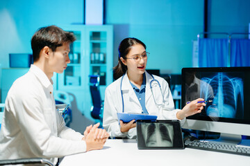 Professional doctor examining patient with stethoscope in modern clinic, healthcare consultation, medical checkup, diagnosis, trust, technology and wellness care.