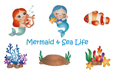 Cute mermaid with Sea life elements illustration set. watercolor hand drawn style.