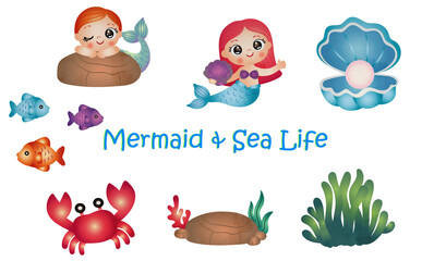 Cute mermaid with Sea life elements illustration set. watercolor hand drawn style.
