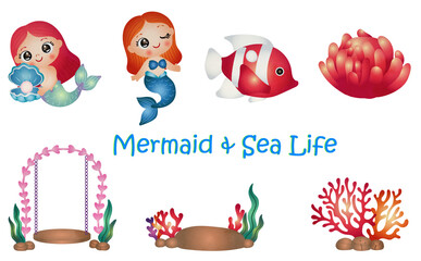 Cute mermaid with Sea life elements illustration set. watercolor hand drawn style.