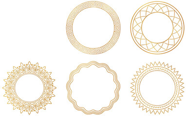 Set of six golden ornamental circular frames with various intricate patterns. Includes classic, geometric, and floral designs suitable for decorative, vintage, or artistic projects.