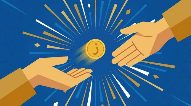 Vector illustration of two hands exchanging a golden coin with an Arabic letter symbol representing Islamic finance Zakat Sadaqah or wealth transfer concept , Perfect Any Project.