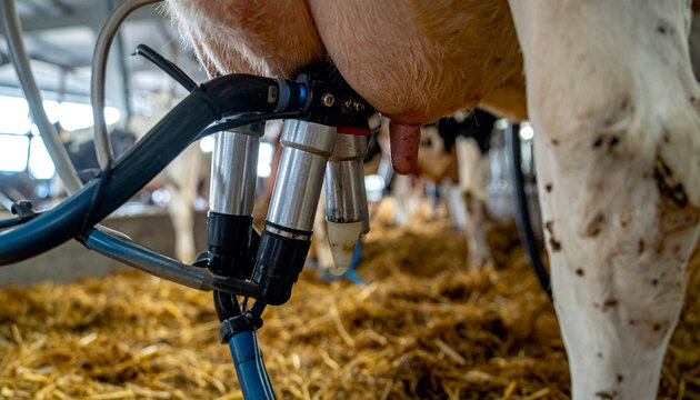 Automated milking robot arm attaching suction cups in a dairy farm
