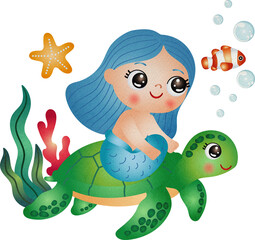 Illustration of Mermaid Riding a Sea Turtle Watercolor Hand Drawn Style