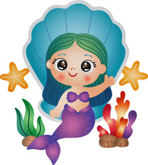 Cute Mermaid Character with Seashell and Starfish Watercolor Hand Drawn Style
