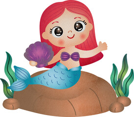 Cartoon Mermaid With Seashell Illustration Watercolor Hand Drawn Style
