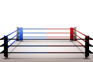 Empty boxing ring with blue and red ropes ready for an intense match or training session