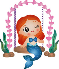 Cute Cartoon Mermaid on a Swing Watercolor Illustration Hand Drawn Style