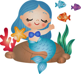 Cute Cartoon Mermaid with Starfish Watercolor Illustration Hand Drawn Style