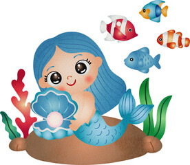 Illustration of Mermaid with Shell and Fish Watercolor Hand Drawn Style