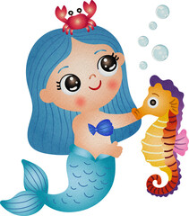 Illustration of Mermaid Holding a Seahorse Watercolor Hand Drawn Style