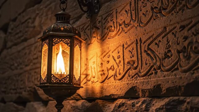 An ornate lantern casting warm light on intricate Arabic calligraphy on a stone wall in a dimly lit environment from a close-up viewpoint