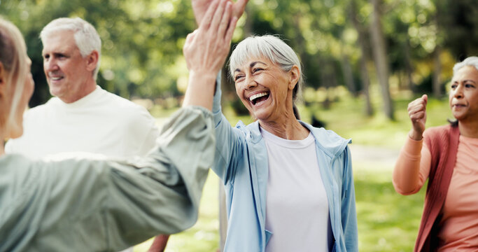 Instructor, high five and old people in park with fitness, class and nature for support or help. Retirement, hobby and personal trainer with elderly group, celebration or workout for wellness advice