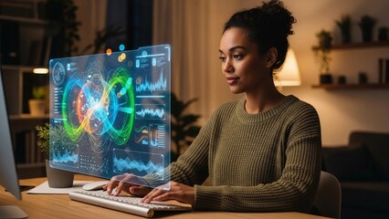 Young Black Woman Working on Futuristic Holographic Interface with Data Visualization and Digital Analytics at Home Office