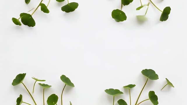 Green leaves arranged in a decorative border on a white background.