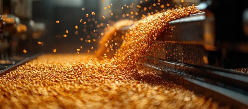 Tiny orange-brown grains falling onto a conveyor belt for processing in a factory