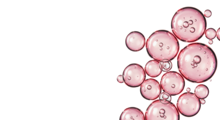 highly magnified iridescent pearlescent pink oil serum micro-droplets suspended in clear liquid, ultra-sharp focus with cinematic rim light against a white background, concept for luxurious