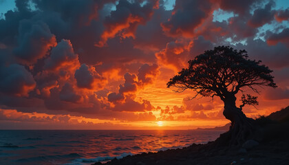 Dramatic sunset over the ocean with a silhouetted tree on a rocky coastline