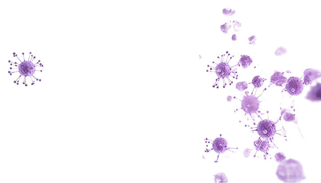 Abstract digital illustration of purple virus particles or bacteria. Depicts microscopic pathogens, ideal for science, medical, or biology concepts like infection, disease, and virology.