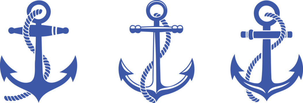 Three blue nautical anchors with ropes on white background