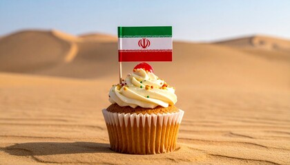 Cupcake with white frosting and colorful sprinkles topped with Iranian flag on wooden surface.