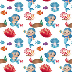 Cute Mermaid and Sea Life Pattern on Black Wallpaper Illustration Watercolor Hand Drawn
