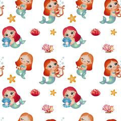 Cute Mermaid Seamless Pattern Wallpaper Illustration Watercolor Hand Drawn Style