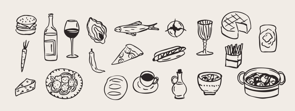 Vector doodle food collection. Hand drawn meals