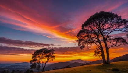 Vibrant sunset paints the sky with fiery colors over rolling hills and silhouetted trees