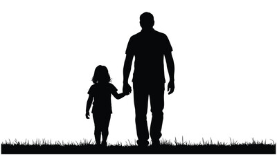 A father and his young daughter are silhouetted, holding hands and walking forward on a grassy field, conveying themes of family, love, and parental guidance.