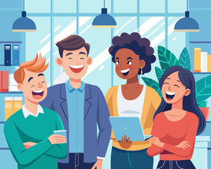 A group of coworkers in a modern office sharing a lighthearted joke