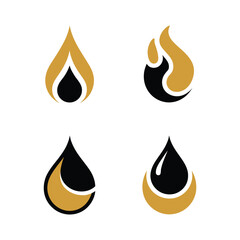 Golden and black flame and oil drop icons on white background