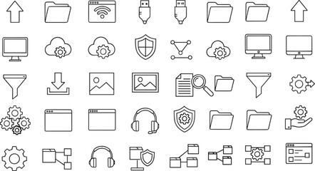 Fototapeta premium Computer and data management vector icon set featuring folders, security shields, networks, settings, cloud storage, filters, and technology tools