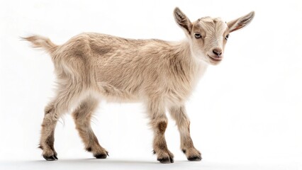 Obraz premium A young brown and white domestic goat with small horns stands isolated on a white background, representing rural livestock and farm agriculture