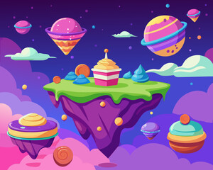 Floating islands made of colorful macarons and sweets in a purple sky, imaginative world-building, vibrant and high-energy style.