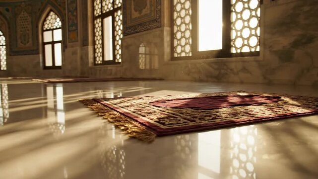A serene prayer rug lies on a marble floor, illuminated by sunlight streaming through ornate windows in a grand, peaceful mosque interior.