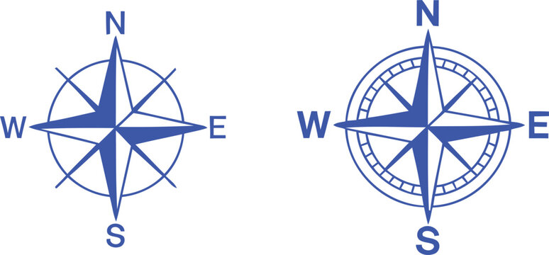 Two blue compass rose with cardinal directions north